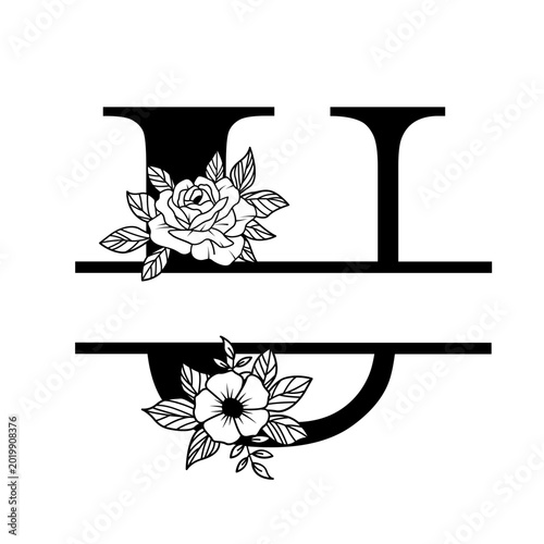 Letter U Floral Split Monogram SVG Rose Flower Initial Design for Cricut Silhouette Personalized Gifts