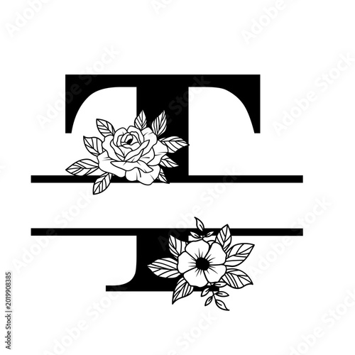 Letter T Floral Split Monogram SVG Rose Flower Initial Design for Cricut Silhouette Personalized Gifts