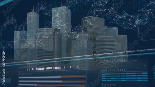 Command initiating scan, 3D city model scanning while network pulsing and HUD updating live data