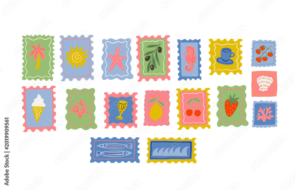 Fototapeta premium Hand drawn Postage stamp design. Sea travel. Underwater, animals and plants - postmark. Flat vector illustration on a white background.