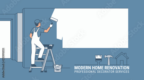 Decorator painting wall on ladder with tools