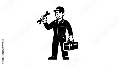 Cartoon mechanic with wrench and toolbox