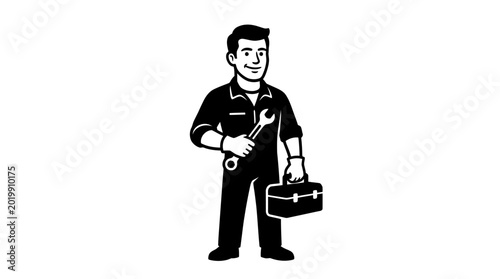 Cartoon mechanic with wrench and toolbox