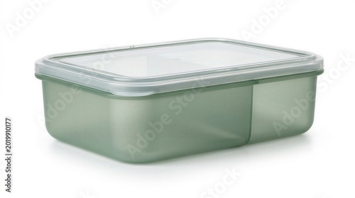 Empty divided plastic food storage container with clear lid on white background transparent green container with two compartments and snap-on lid.