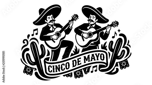 Mariachi musicians playing guitars with Cinco de Mayo banner and cacti