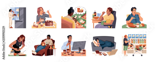 Obsessive eating people. Unhealthy lifestyle, uncontrolled food abuse, bulimia, diabetes predisposition, obesity, bad habit, grocery diet and overeating, tidy vector cartoon isolated set