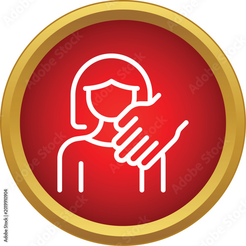 Woman victim with a hand grabbing her shoulder on a dark red icon button