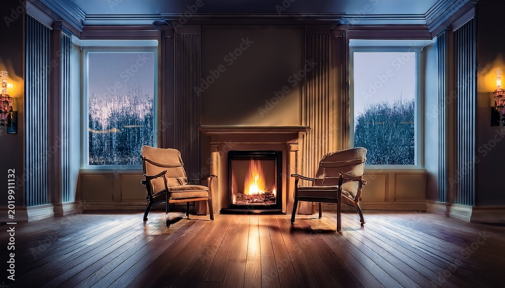 Fototapeta premium nobody in empty room with fireplace and two wooden armchairs at night beautiful evening home interior flame producing light in dark traditional vintage indoor architecture