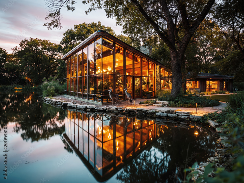 Fototapeta premium Modern Countryside House by Lake – AI Generative