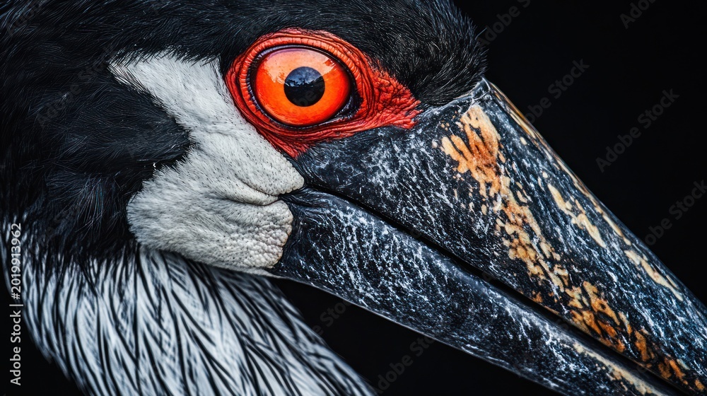 Obraz premium Close-up of a black stork's head, vibrant colors, intense eye contact. Possible use wildlife photography
