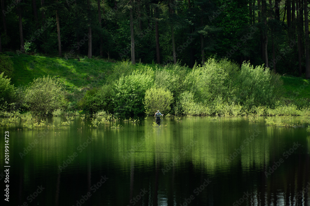 Obraz premium Fisherman fishing in reservoir with green landscape reflections