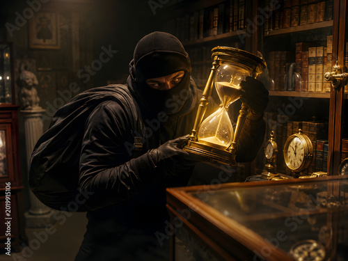 Masked Thief Stealing Glowing Hourglass.
Surreal Masked Thief Metaphor In Cinematic Light.
Creative Visual Concept About Loss And Mystery.