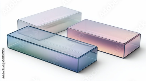 Rectangular glass boxes in blue, pink, and white