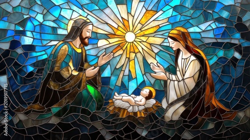 A stained glass depiction of the nativity scene.