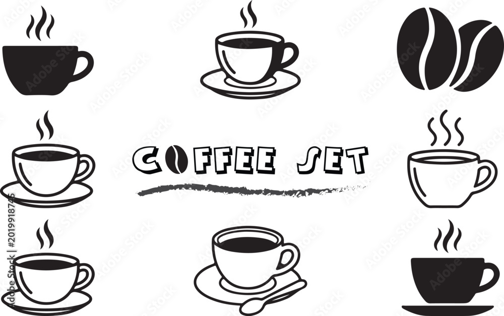 Fototapeta premium Set of coffee cups with steam isolated on white background
