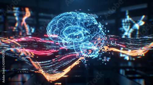 Futuristic 3D concept of AI hallucination and model collapse. Glowing neural network glitching and fragmenting, representing processing errors and digital misinformation.