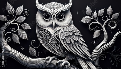 an elegant owl sitting on a beautifully decorated branch in a monochrome design