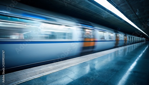 speeding subway train in underground station motion blur