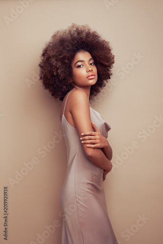 Beauty portrait of African American girl with afro hair. Beautiful black woman. Cosmetics, makeup and fashion