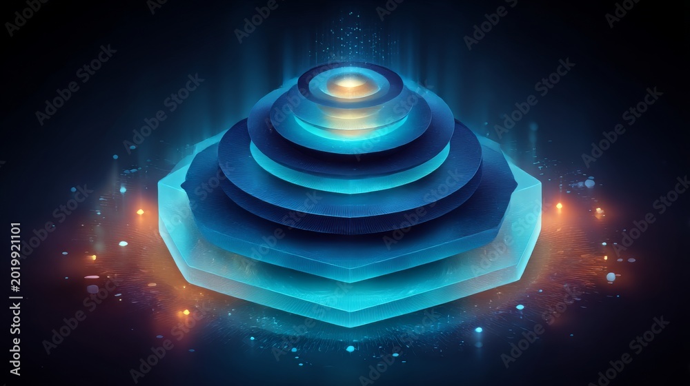 Fototapeta premium Futuristic Energy Pyramid: Layered Holographic Structure with Glowing Orbs