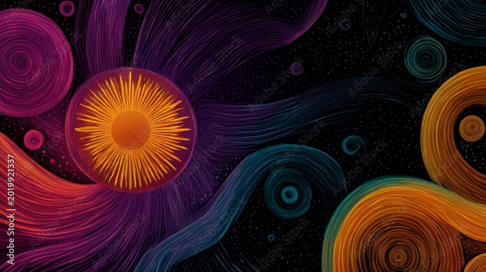 Obraz premium Cosmic Energy Burst: Vibrant Swirls and Radiant Circles in a Starry Abyss — Abstract Vision of the Universe