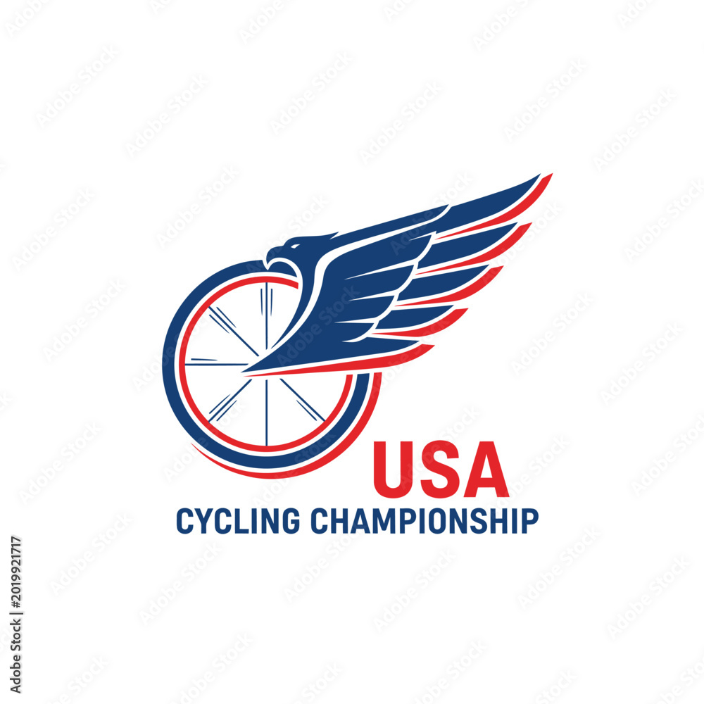Obraz premium Eagle with wings forming a bicycle wheel usa cycling championship logo road cycling mountain biking track championship transportation athletic competition illustration isolated