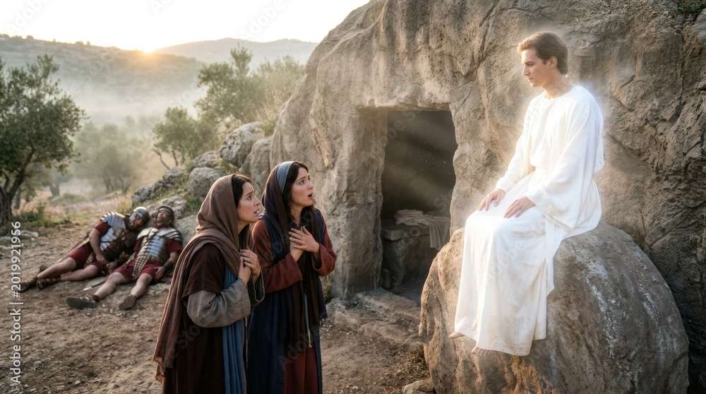 Obraz premium A biblical scene showing Mary Magdalene and the other Mary talking to an angel at Jesus' empty tomb.