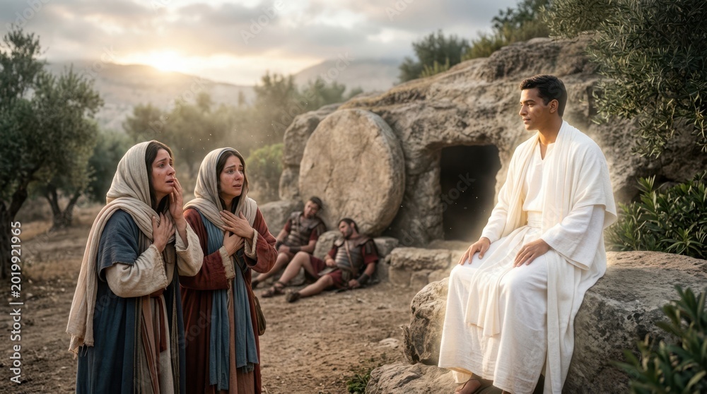 Obraz premium A biblical scene showing Mary Magdalene and the other Mary talking to an angel at Jesus' empty tomb.