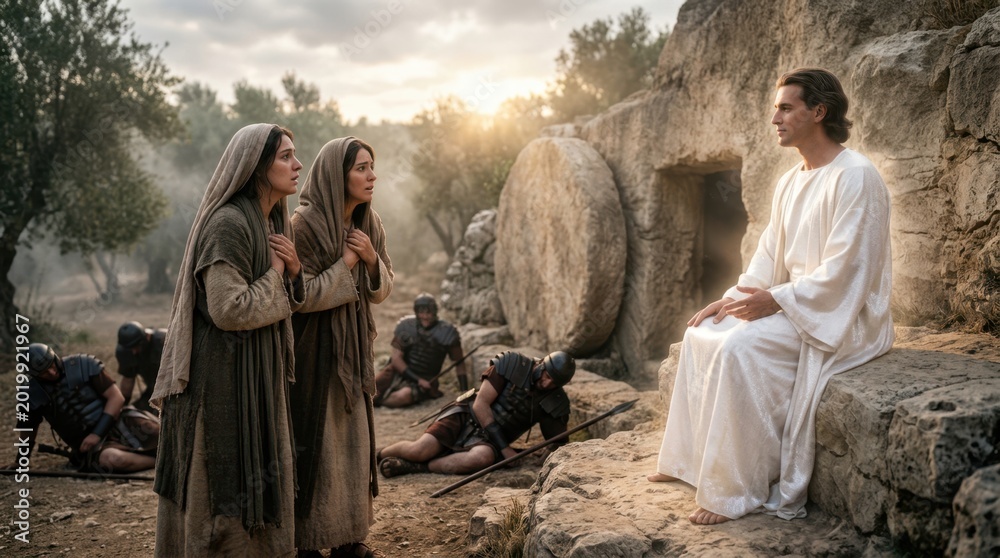 Obraz premium A biblical scene showing Mary Magdalene and the other Mary talking to an angel at Jesus' empty tomb.