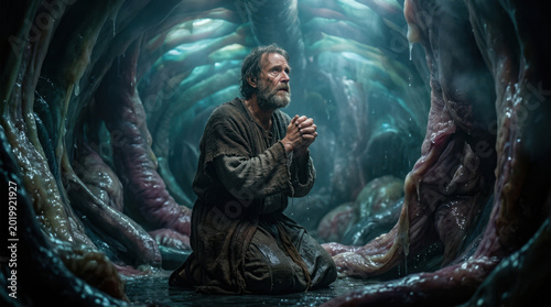 Jonah kneeling in prayer inside the belly of a great fish.