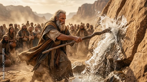 Biblical scene of Moses striking the rock with his staff in the wilderness as water bursts forth powerfully.