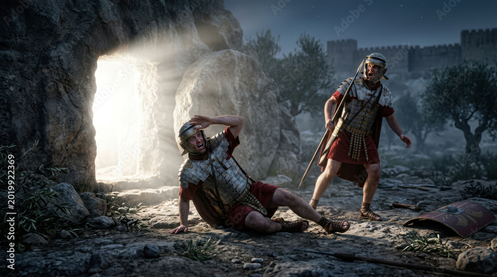 Obraz premium Biblical scene of Roman soldiers in shock and terror at the resurrection of Jesus beside the empty tomb.