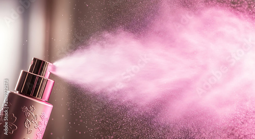 Pink spray mist with glitter particles fashion shimmer freshener with haze isolated