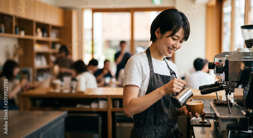 Obraz na płótnie カフェのカウンターでコーヒーを淹れる女性バリスタ、カフェ店員