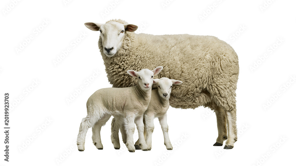Obraz premium Fluffy sheep mother with two young lambs standing together, isolated on transparent background