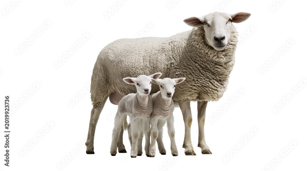Fototapeta premium Mother sheep with two newborn lambs, isolated on transparent background