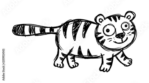 A cute hand drawn ink sketch of a smiling tiger walking outdoors