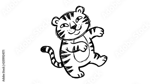 A cute hand drawn ink sketch of a smiling tiger standing on hind legs