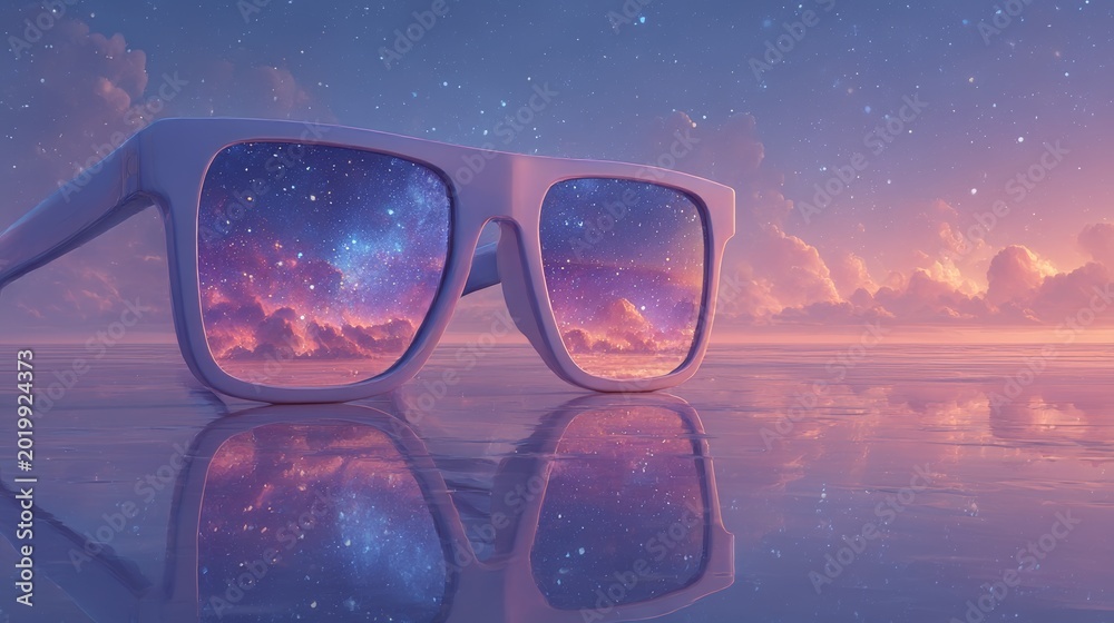 Obraz premium Cosmic Vision Through Sunglasses: Starry Sky Reflected in Lens Over Serene Water — Dreamy Twilight Scene