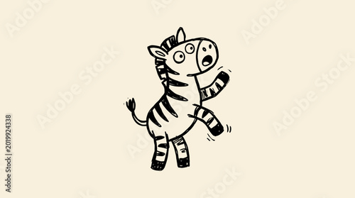 A cute hand drawn ink sketch of a surprised zebra dancing alone outdoors.