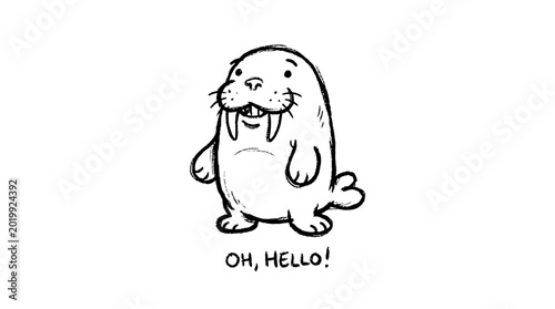 A cute hand drawn walrus gives a friendly greeting in an ink sketch.