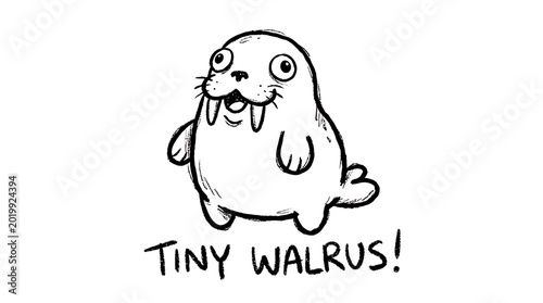 A cute hand drawn ink sketch of a tiny smiling walrus standing alone.