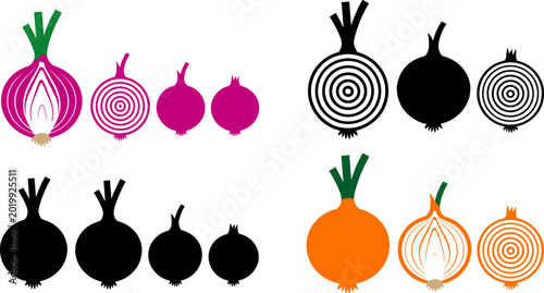 Konstfotografi Colorful Onion Vegetable Icon Set in Pink, Orange, Black Silhouette and Cross Se