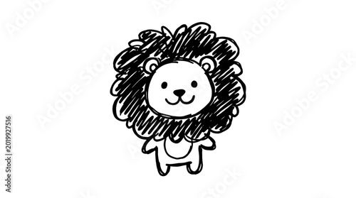 A cute hand drawn ink sketch of a happy lion standing alone in a field