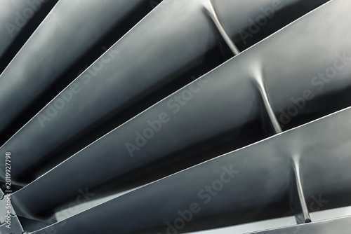 Cuadro en lienzo Closeup detail view of jet turbine blades with metallic texture and geometric symmetry