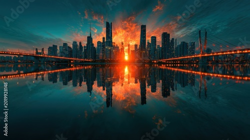 Modern city skyline reflecting in calm river water during a dramatic sunset featuring cinematic long exposure for urban development marketing
