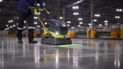 A worker operates a professional floor cleaning machine on a polished concrete floor in a large industrial warehouse.