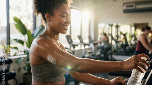 Young african american woman with a glucose monitoring device on her arm workout in gym. Continuous glucose monitoring for diabetes management.