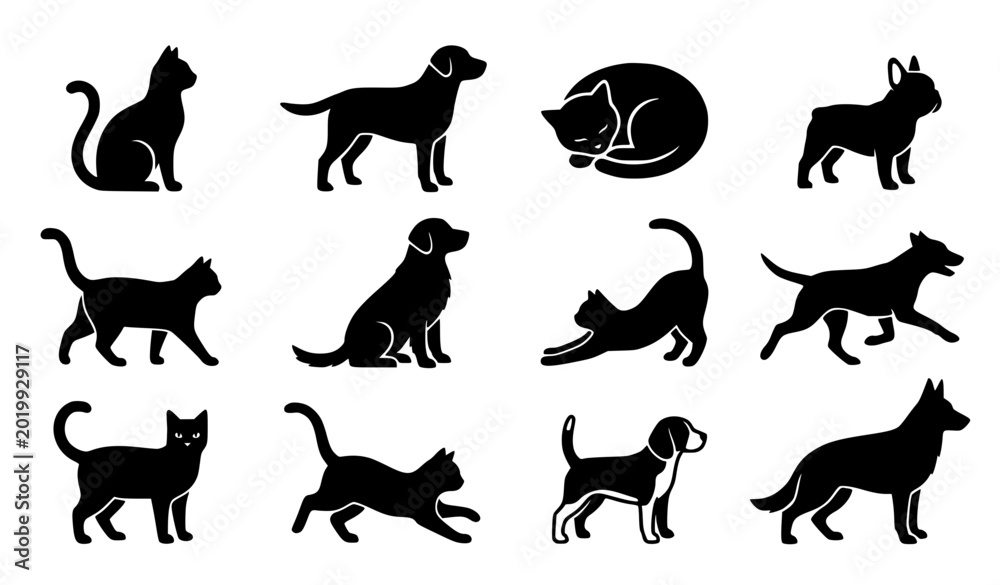 Fototapeta premium Cat and Dog Silhouette Icon Set Black White Pet Vector Collection