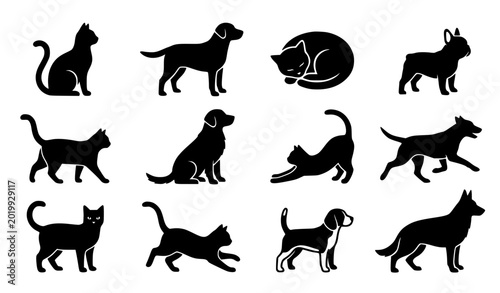 Photos Cat and Dog Silhouette Icon Set Black White Pet Vector Collection